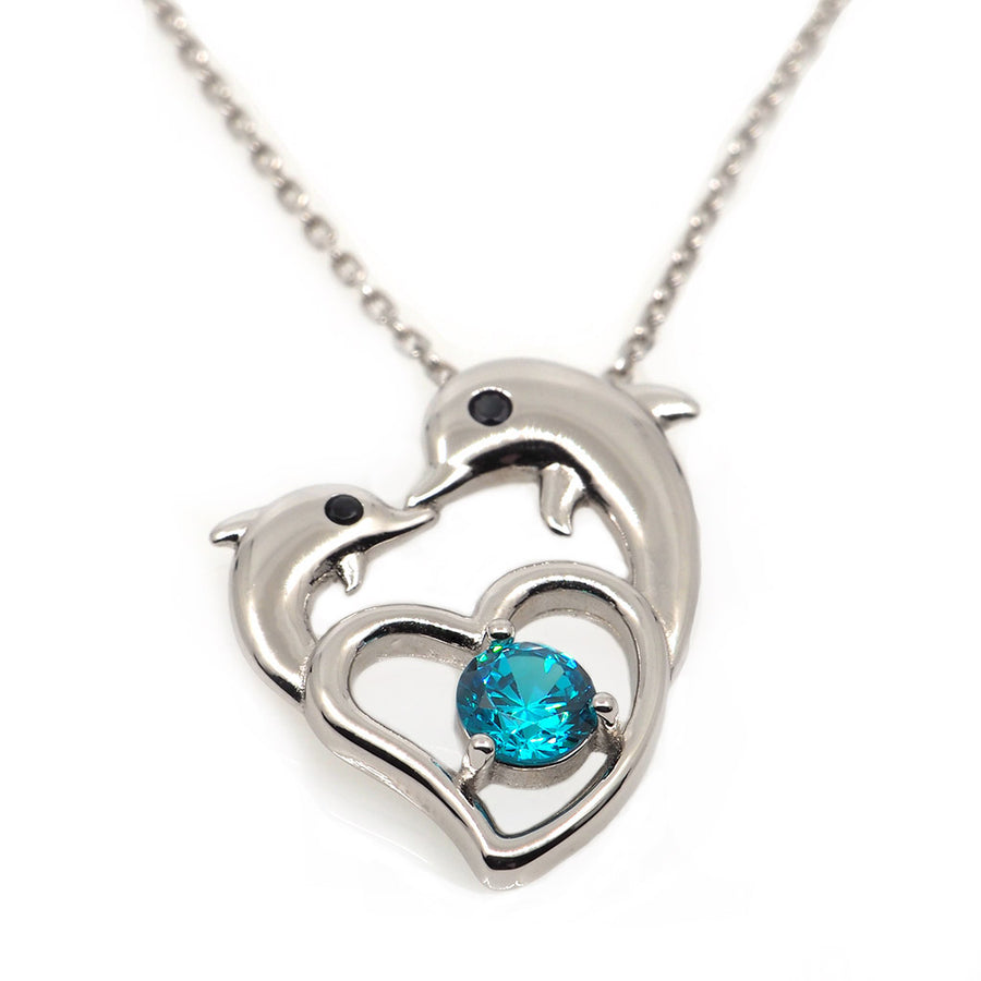 Dolphin Blue Crystal Silver Heart Necklace - Splashing Apparel