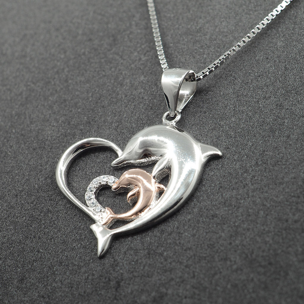 Dolphin Silver Crystal Heart Necklace