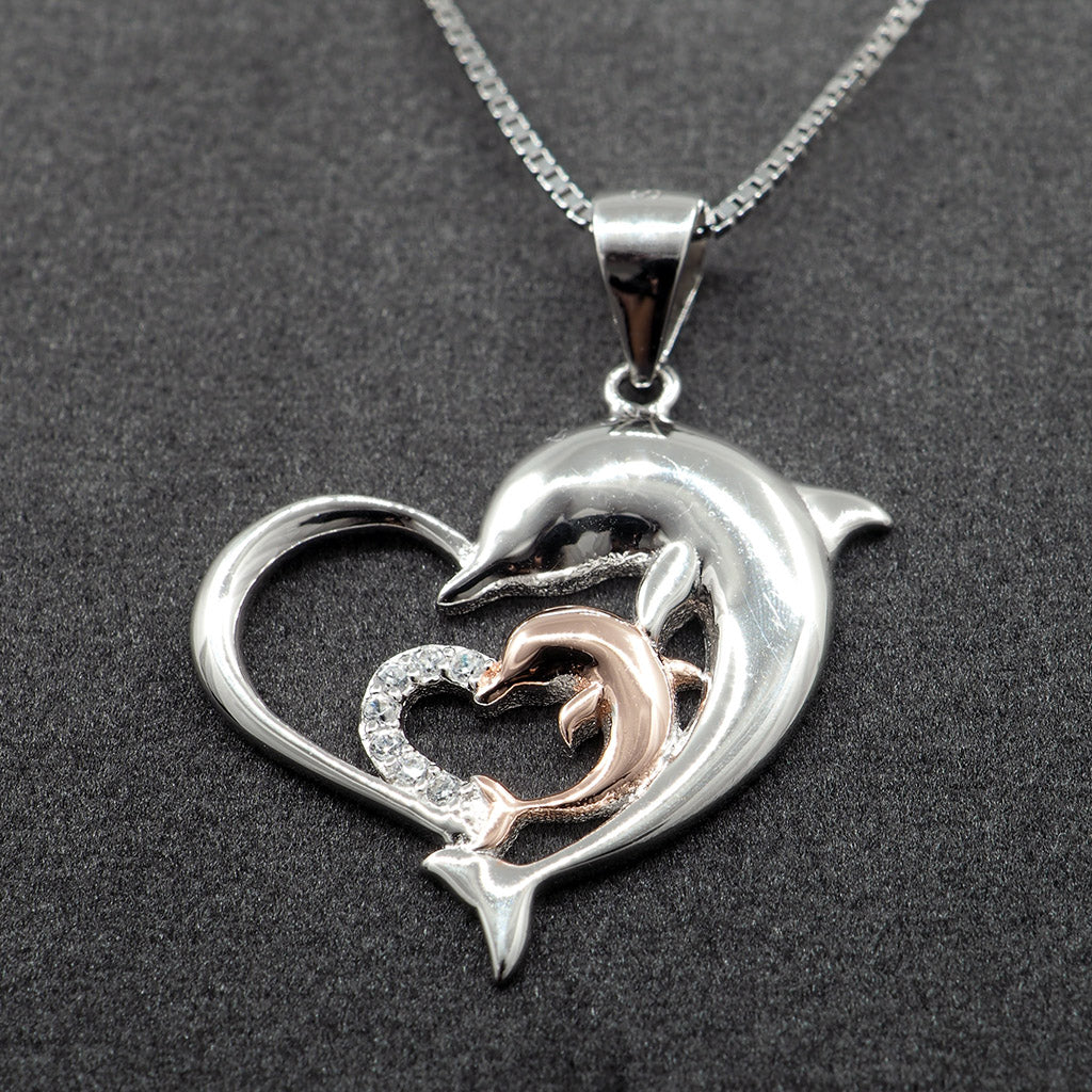 Dolphin Silver Crystal Heart Necklace