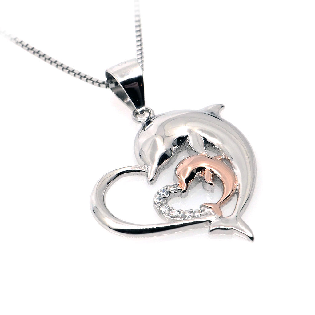 Dolphin Silver Crystal Heart Necklace