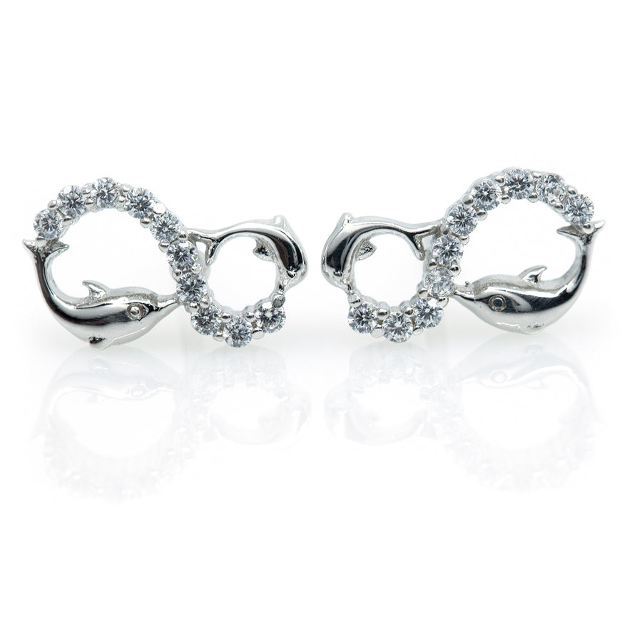 Infinity Dolphin Silver Crystal Stud Earrings - Splashing Apparel