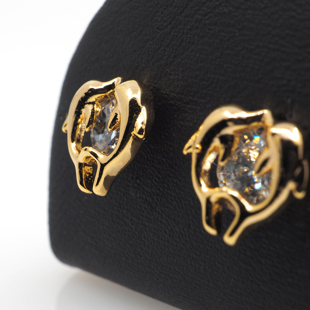 Kissing Dolphins Gold Crystal Stud Earrings