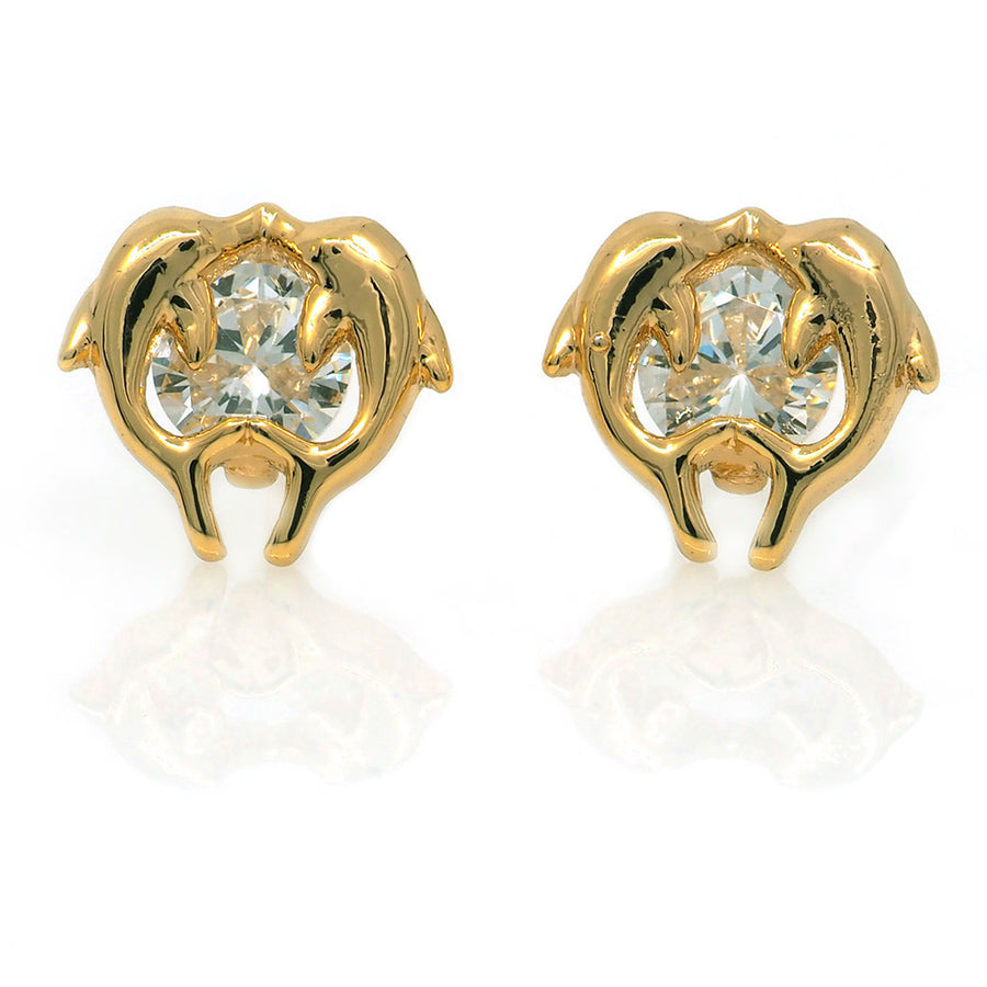 Kissing Dolphins Gold Crystal Stud Earrings