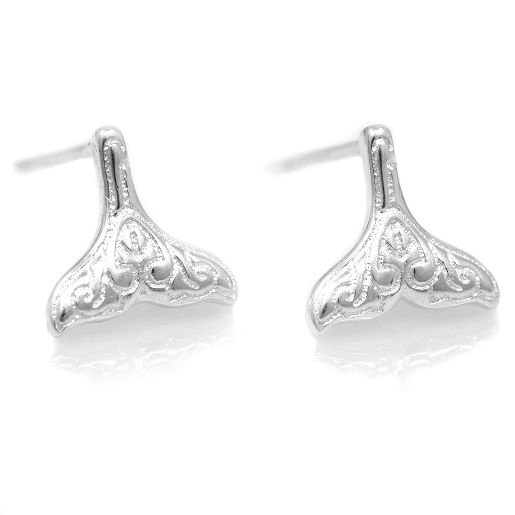 Modern Whale Fluke Silver Stud Earrings and Necklace