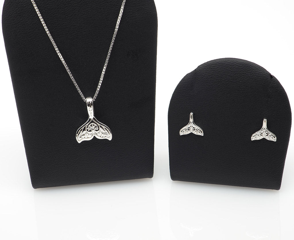 Modern Whale Fluke Silver Stud Earrings and Necklace