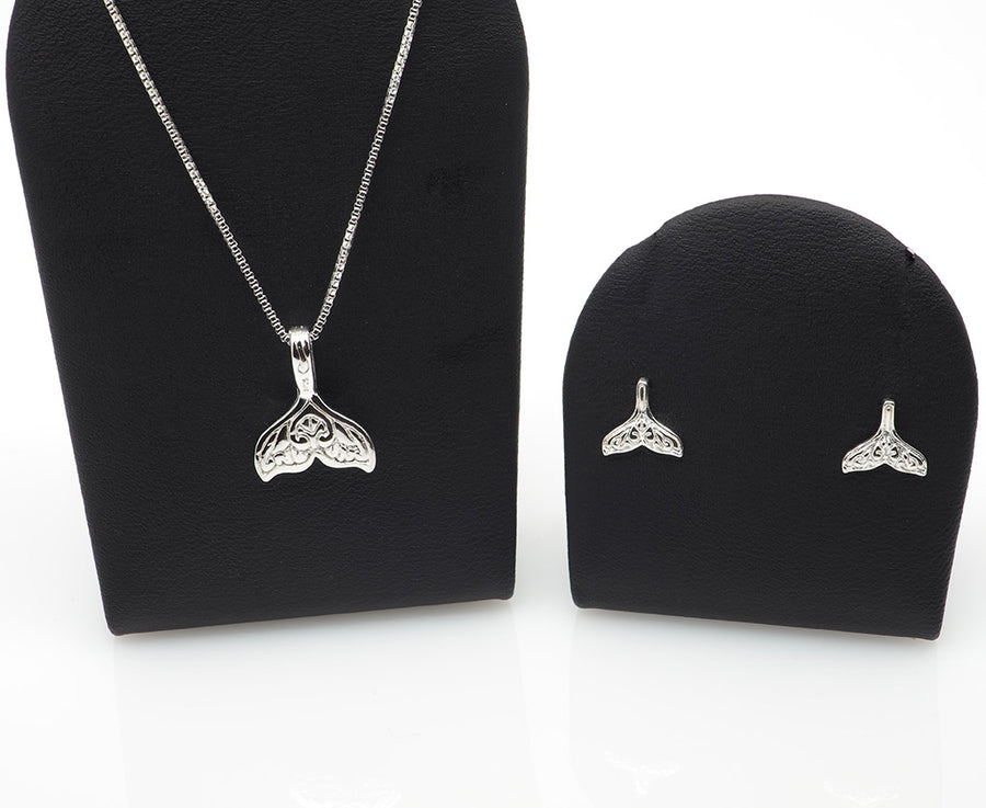 Modern Whale Fluke Silver Stud Earrings and Necklace