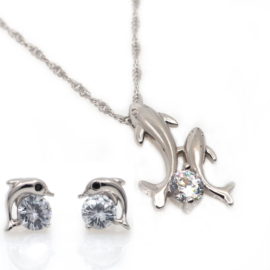 Beautiful Platinum Crystal Dolphin Necklace and Earrings Set