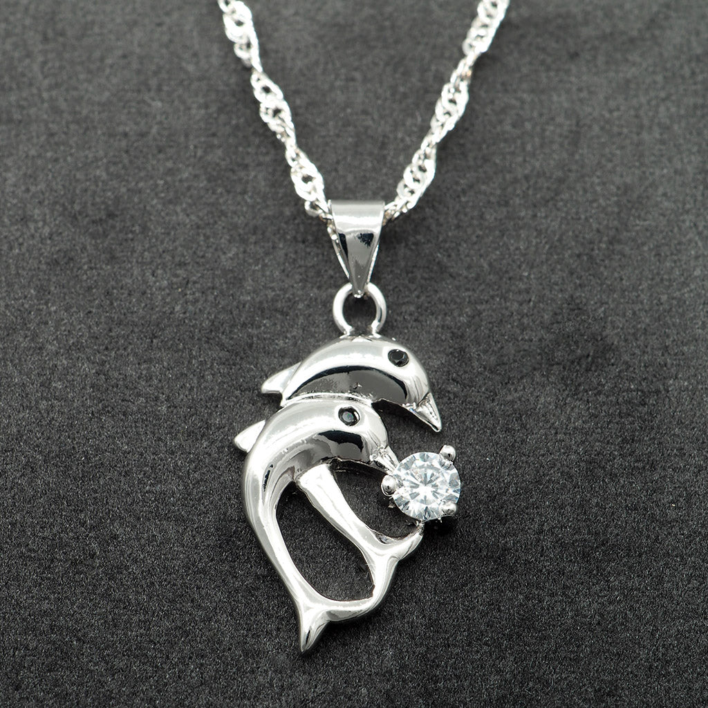 Dolphin Lovers Silver Crystal Necklace and Earrings Set