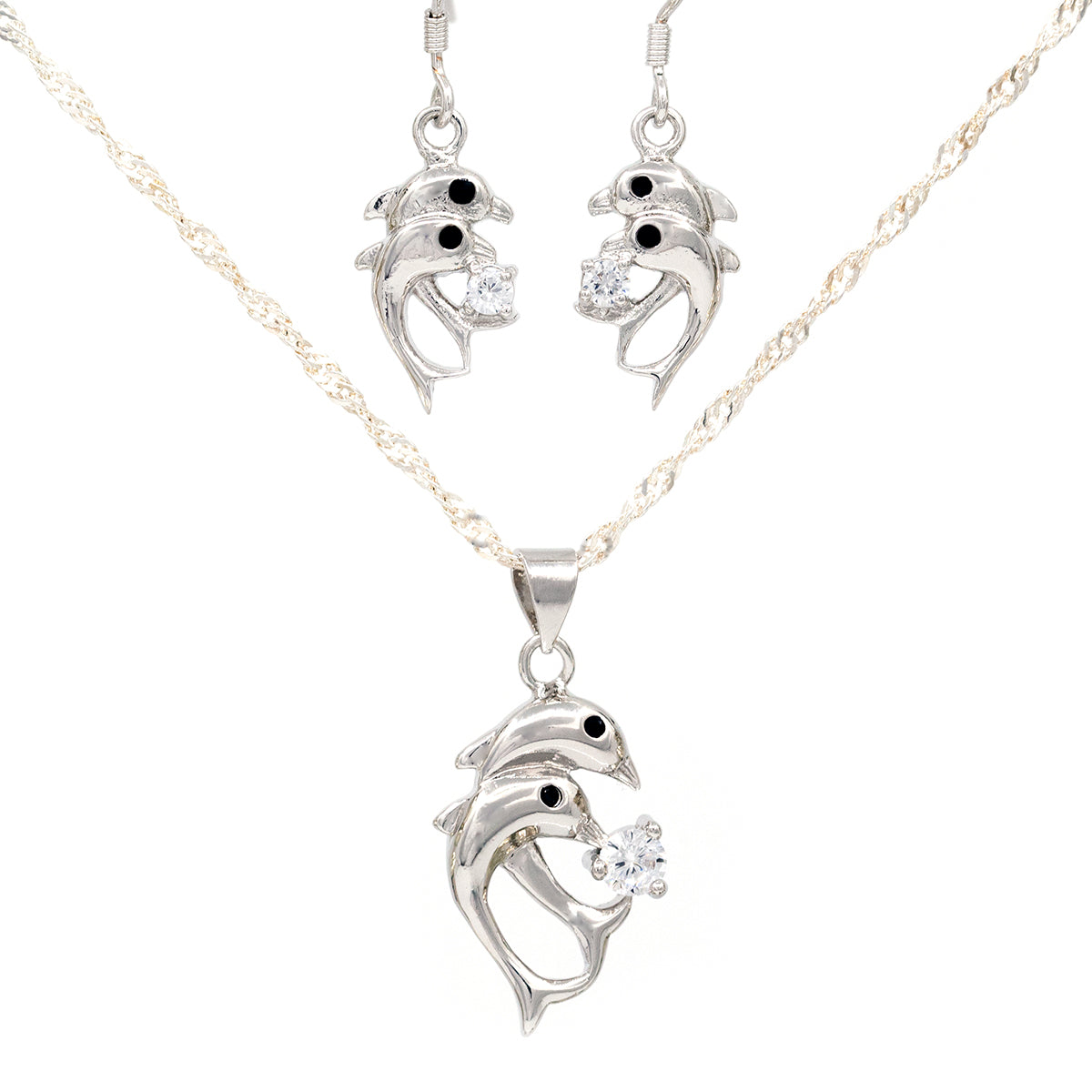 Dolphin Lovers Silver Crystal Necklace and Earrings Set