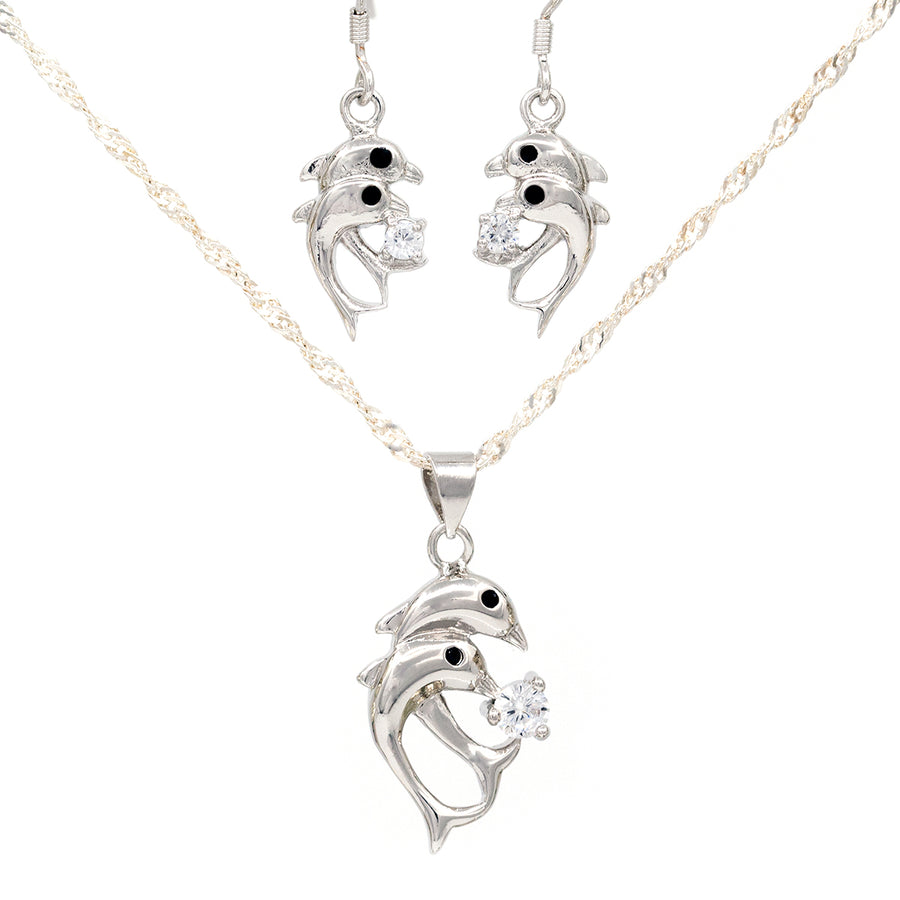 Dolphin Lovers Silver Crystal Necklace and Earrings Set