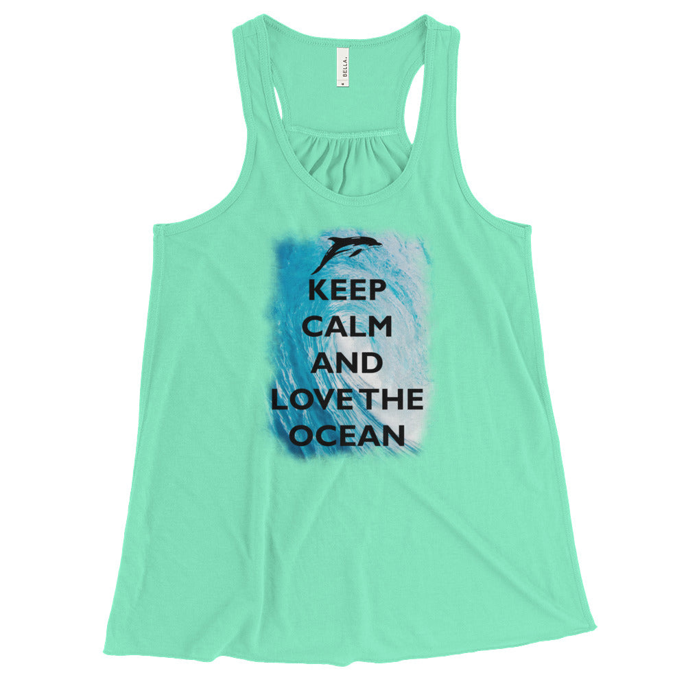 Keep Calm and Love the Ocean Women's Flowy Racerback Tank - Splashing Apparel