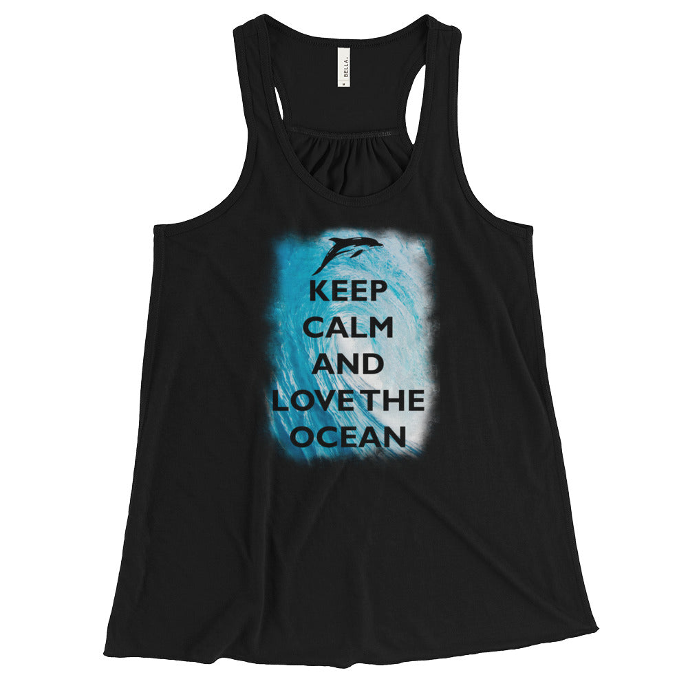 Keep Calm and Love the Ocean Women's Flowy Racerback Tank - Splashing Apparel