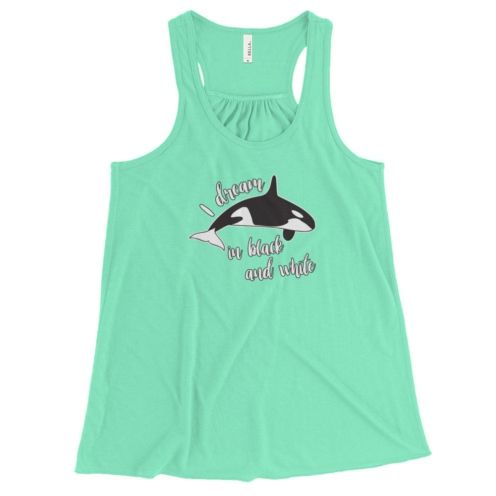 Dream in Black and White Women's Flowy Racerback Tank - Splashing Apparel